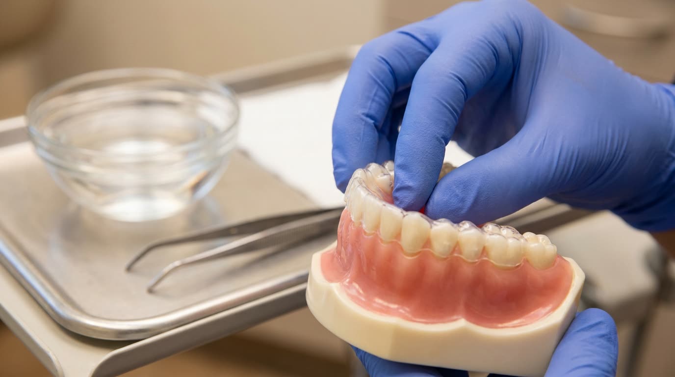 A clinician pressing a warmed clear aligner flush onto a dental training model