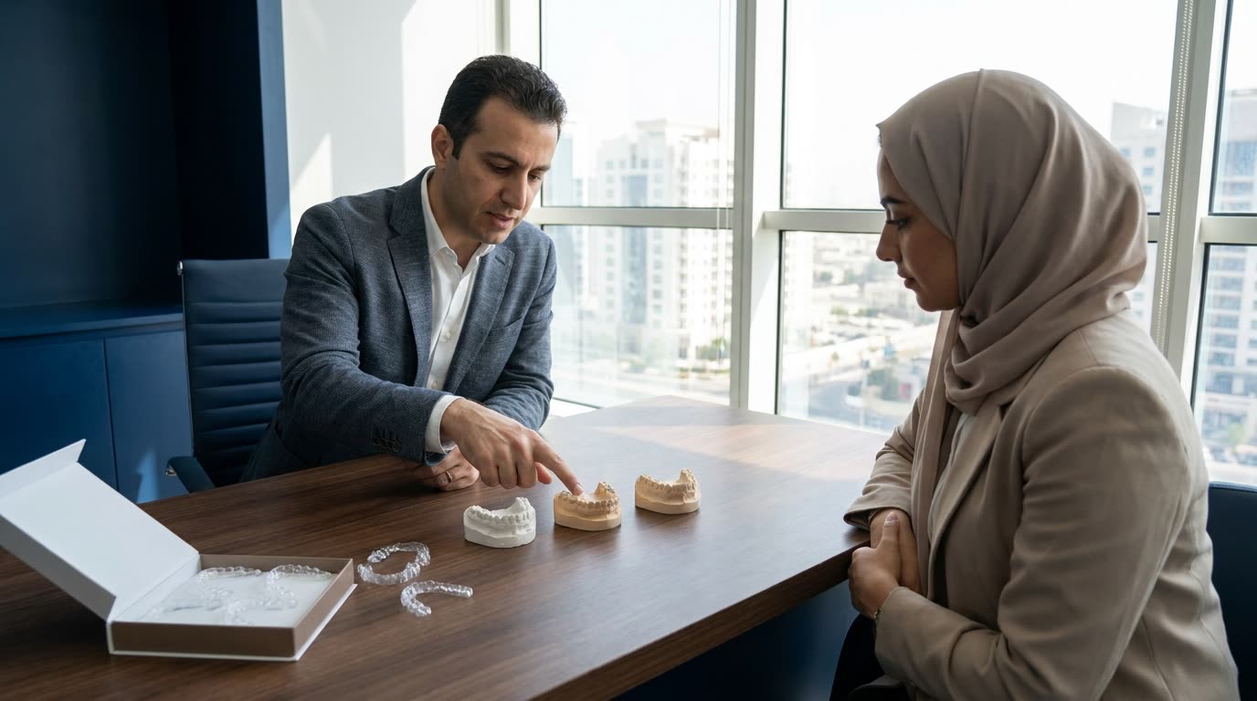 A clinician and colleague reviewing staged treatment models and clear aligners