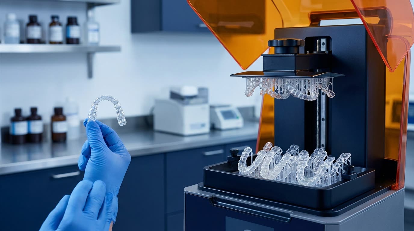 A direct-print resin printer producing a clear dental appliance