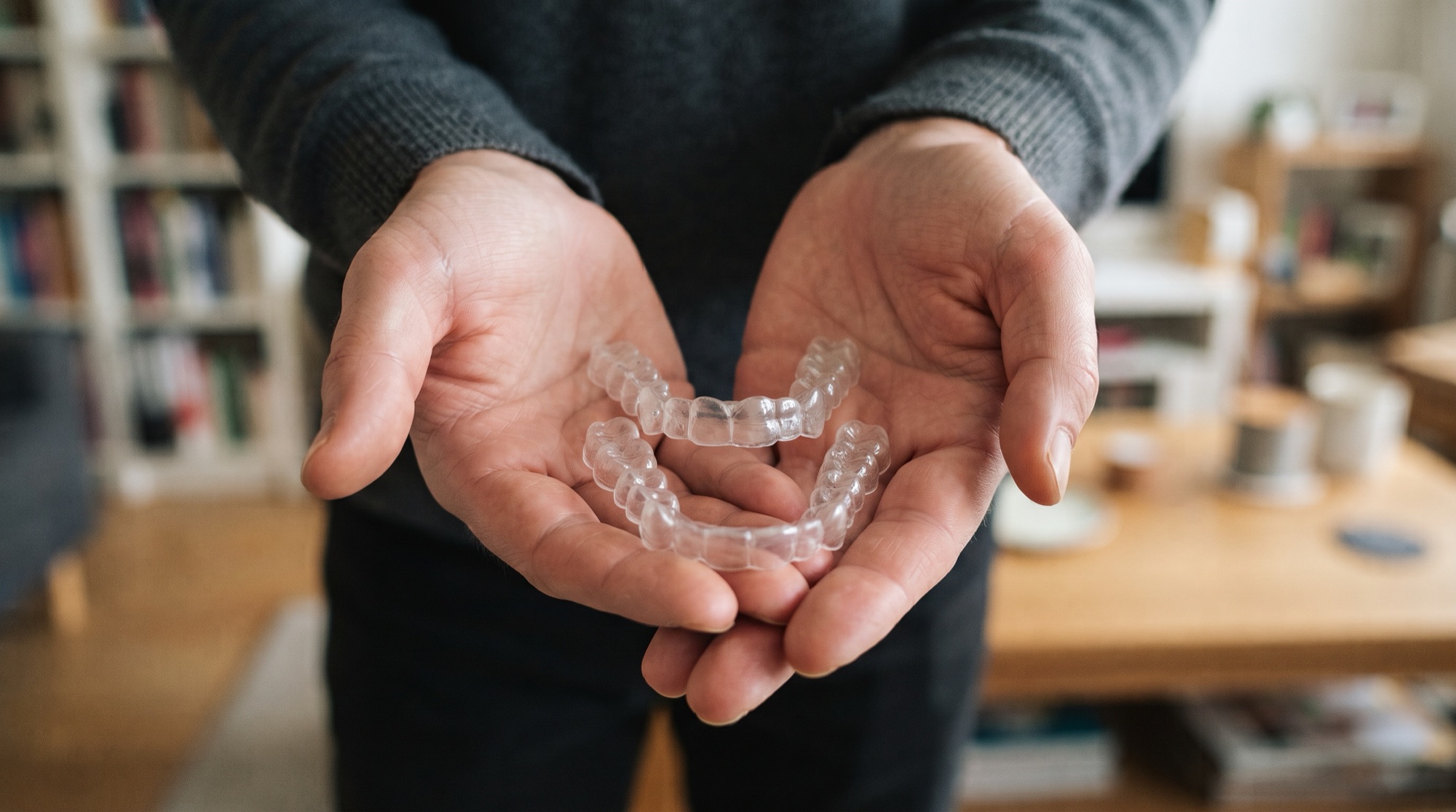 A pair of clear aligners held in two open hands