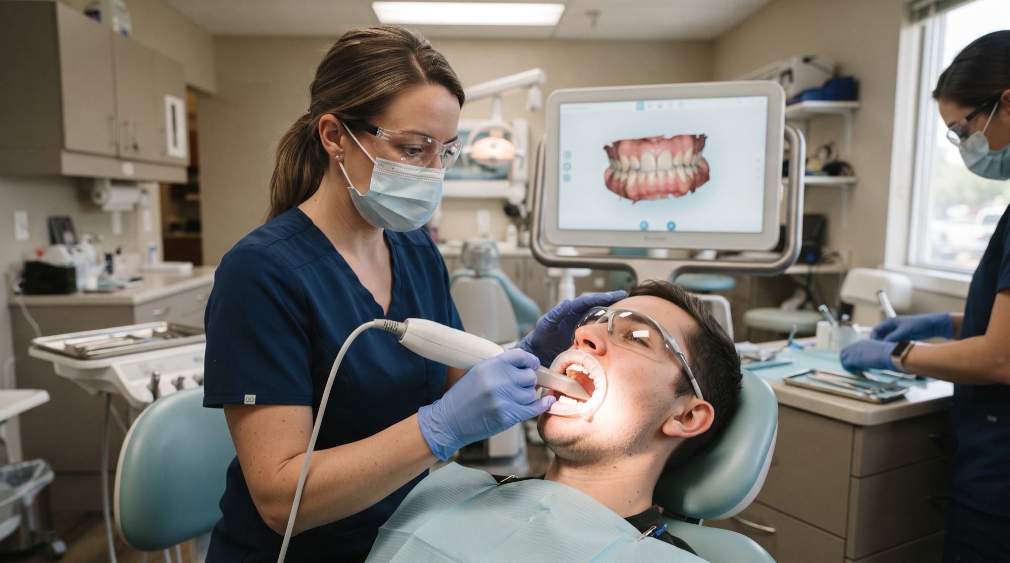 A clinician taking an intraoral scan, the arch appearing on the screen behind