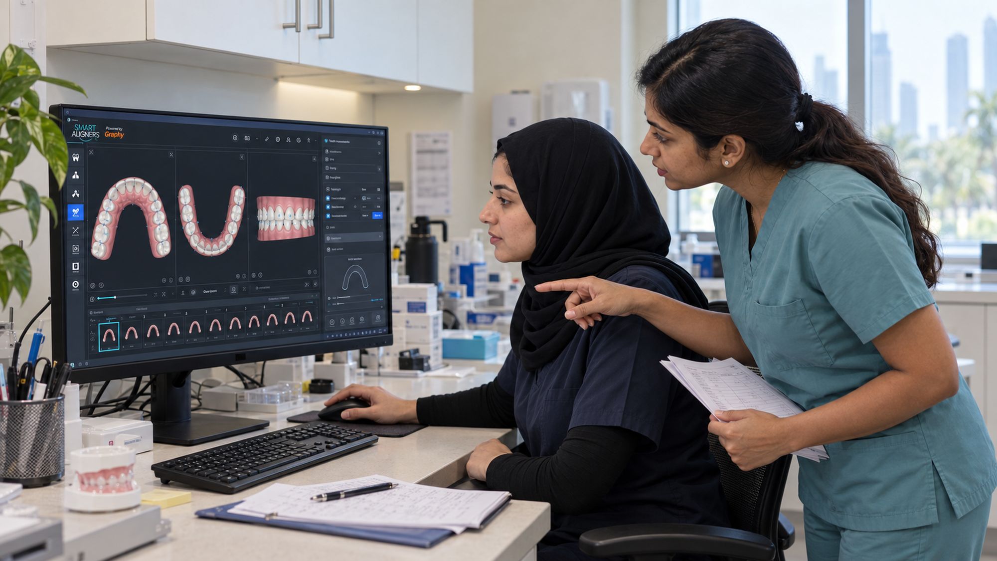 Two clinicians reviewing an upper-arch digital plan together at a clinic workstation