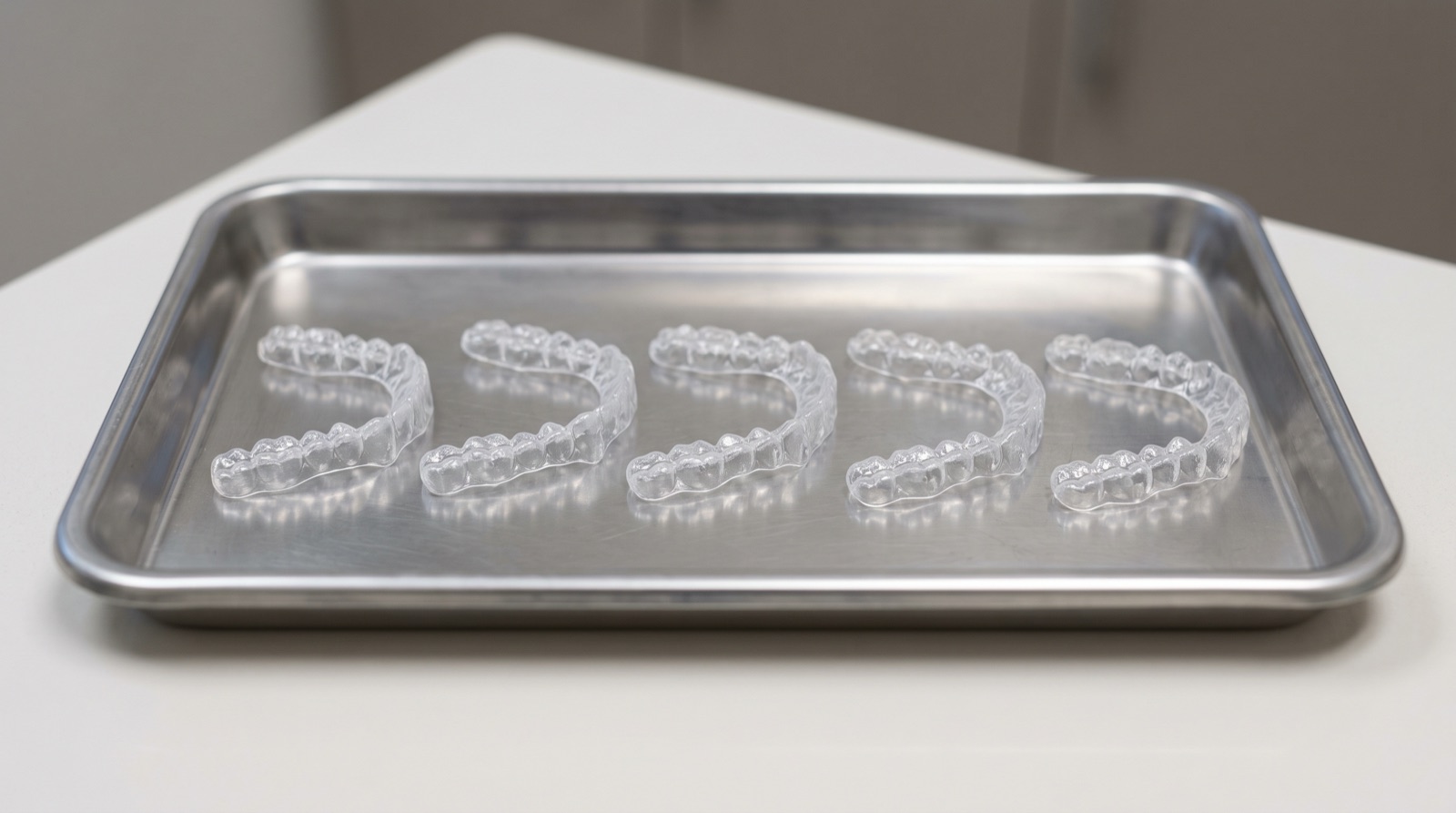 Five direct-printed aligners from a staged batch arranged in a production tray